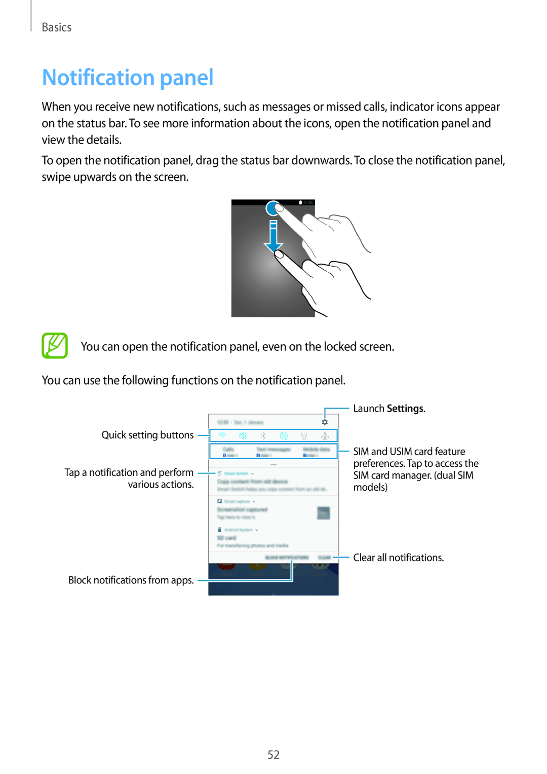 Samsung SM-A320YZDDXXV, SM-A320YZKDXXV manual Notification panel, Block notifications from apps Launch Settings 