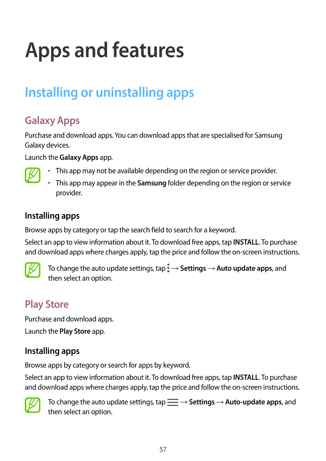 Samsung SM-A320YZKDXXV, SM-A320YZDDXXV manual Installing or uninstalling apps, Galaxy Apps, Play Store, Installing apps 