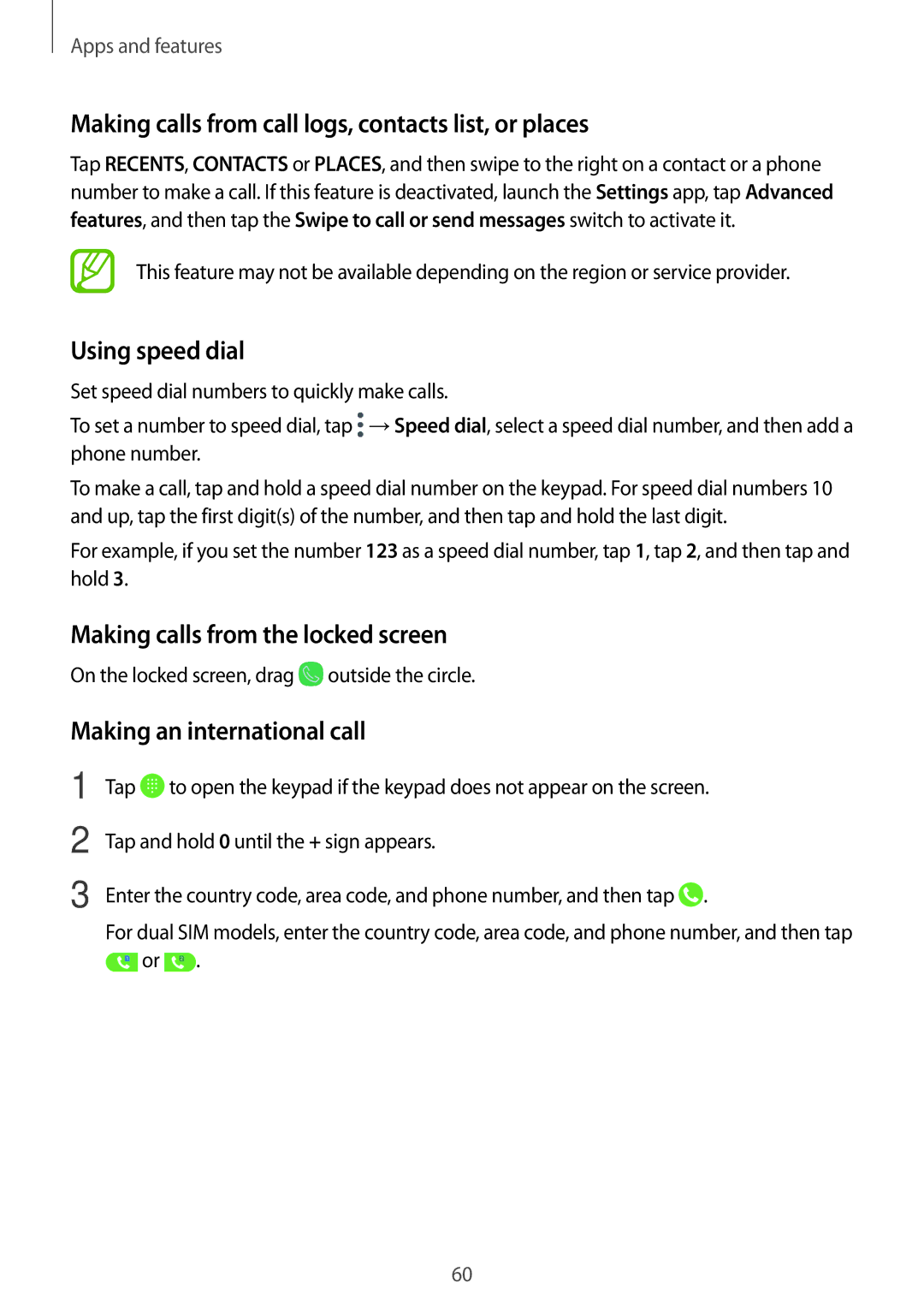 Samsung SM-A320YZDDXXV, SM-A320YZKDXXV manual Making calls from call logs, contacts list, or places, Using speed dial 