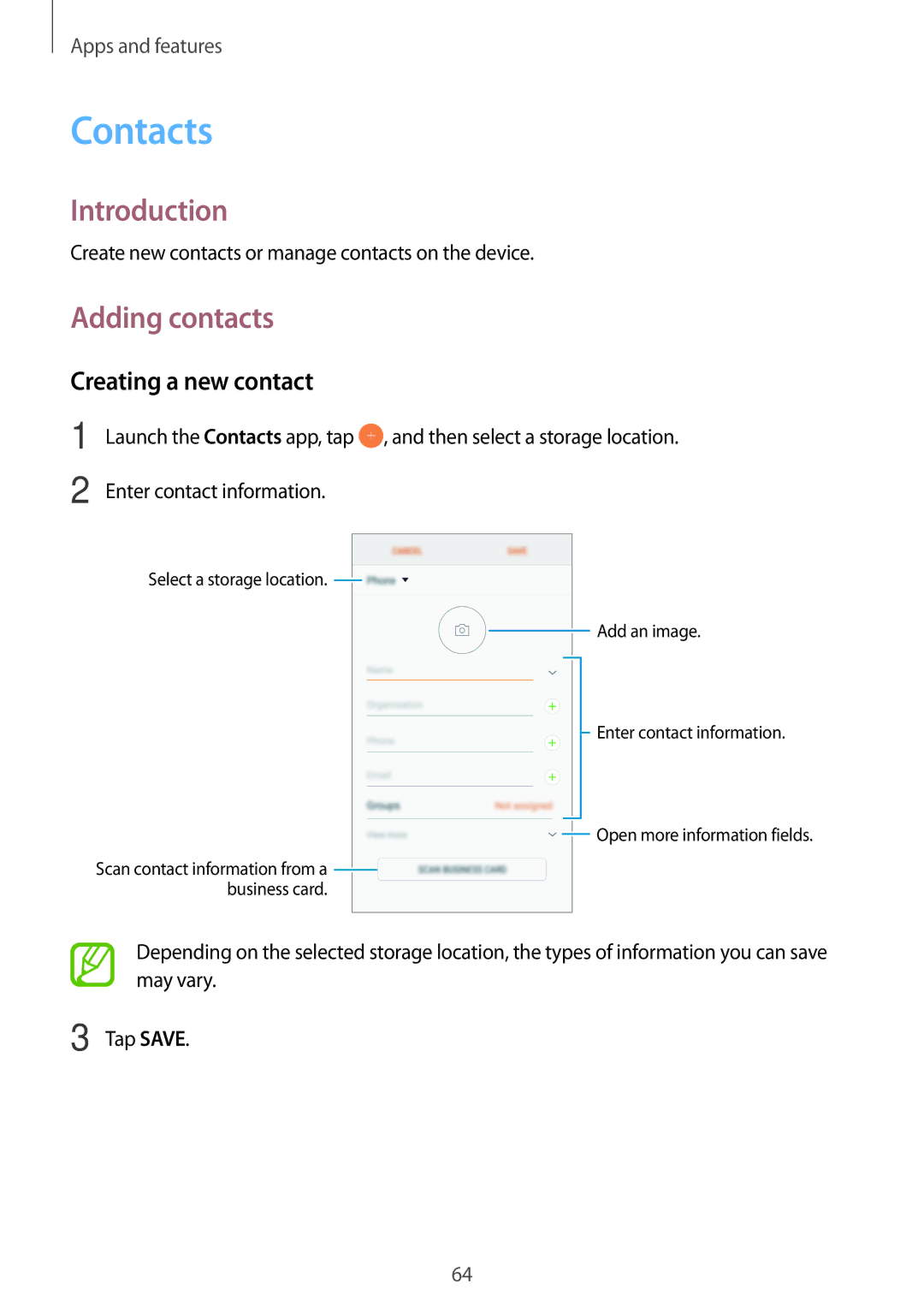 Samsung SM-A320YZDDXXV, SM-A320YZKDXXV manual Contacts, Adding contacts, Creating a new contact 