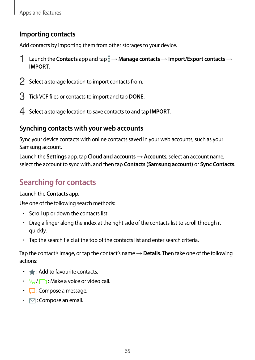 Samsung SM-A320YZKDXXV manual Searching for contacts, Importing contacts, Synching contacts with your web accounts 