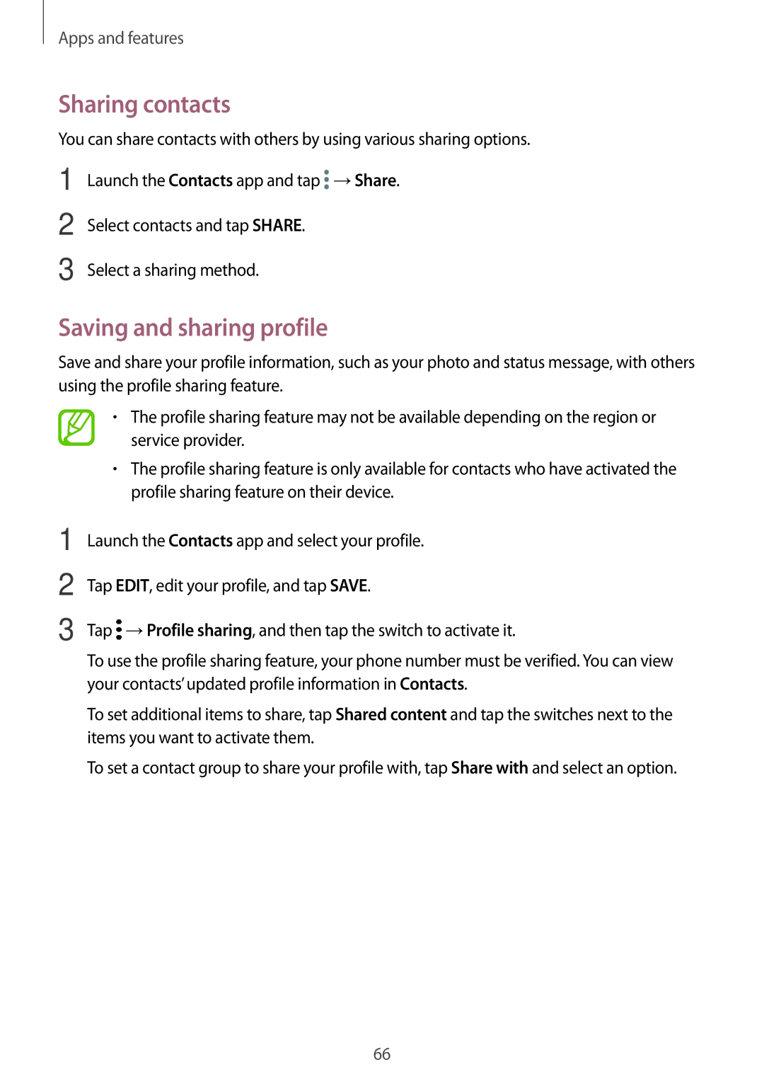 Samsung SM-A320YZDDXXV, SM-A320YZKDXXV manual Sharing contacts, Saving and sharing profile 