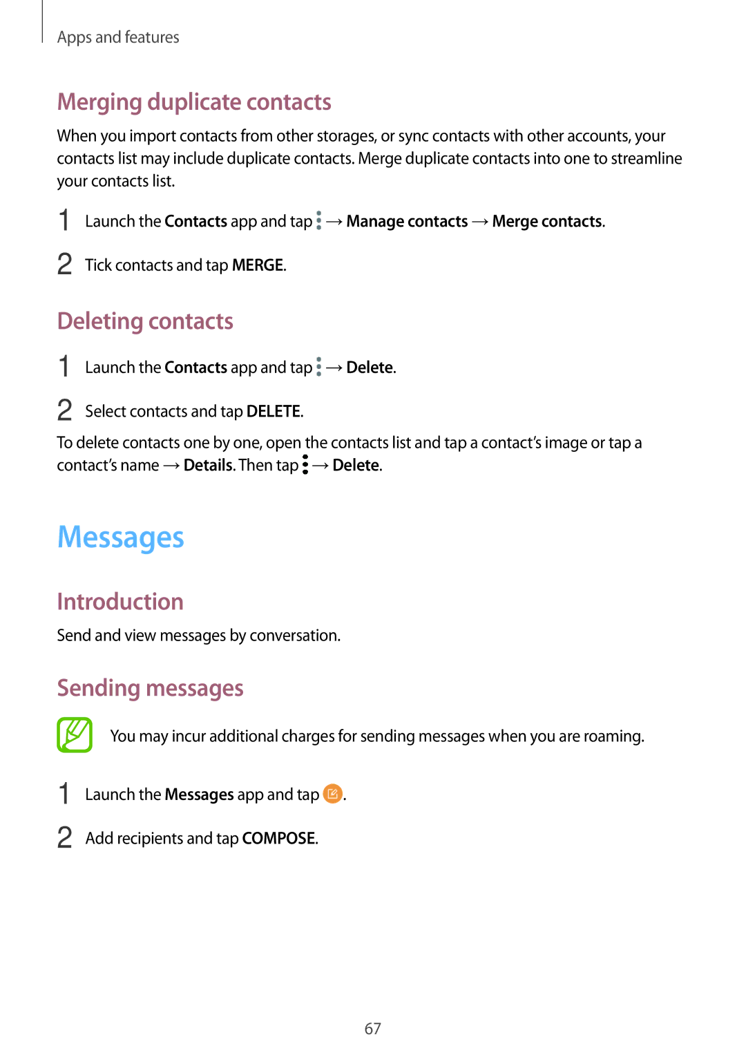 Samsung SM-A320YZKDXXV, SM-A320YZDDXXV manual Messages, Merging duplicate contacts, Deleting contacts, Sending messages 