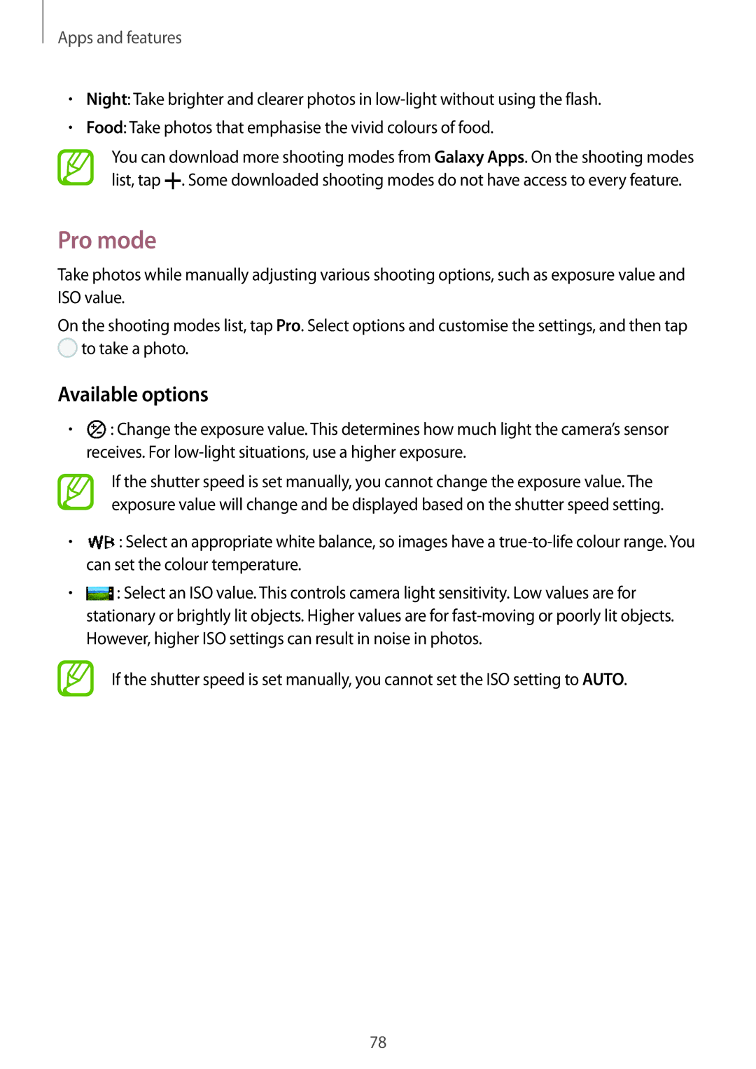 Samsung SM-A320YZDDXXV, SM-A320YZKDXXV manual Pro mode, Available options 