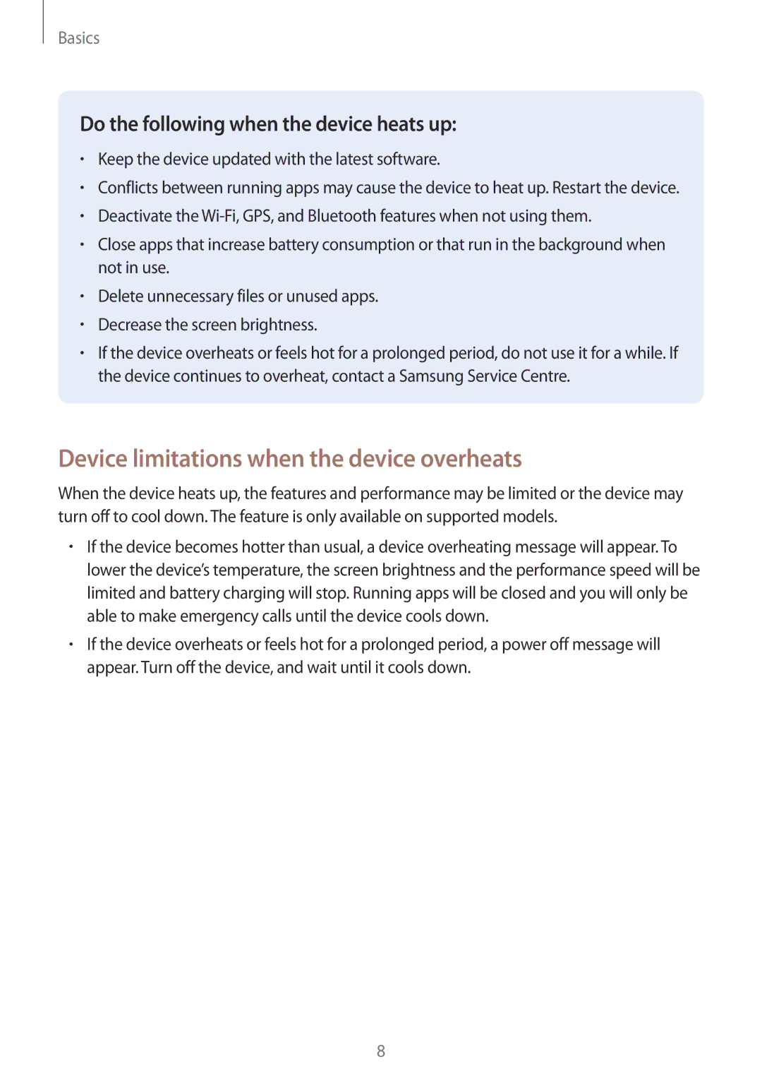 Samsung SM-A320YZDDXXV Device limitations when the device overheats, Keep the device updated with the latest software 