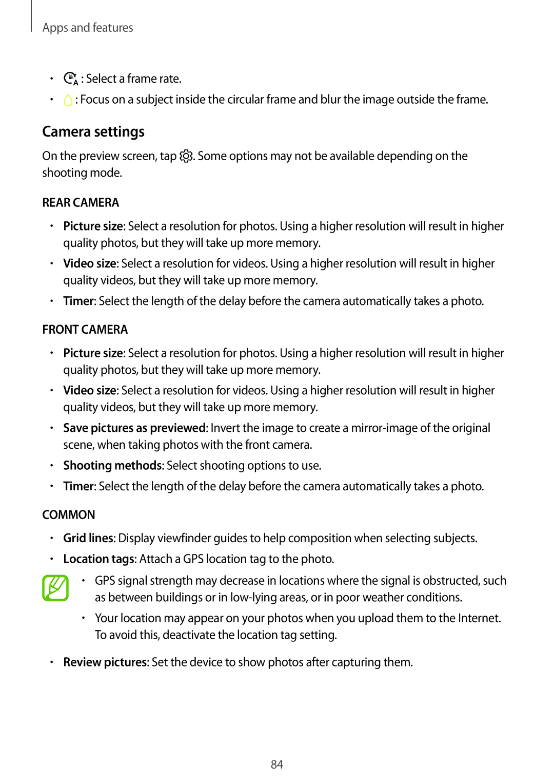 Samsung SM-A320YZDDXXV, SM-A320YZKDXXV manual Camera settings, Select a frame rate 