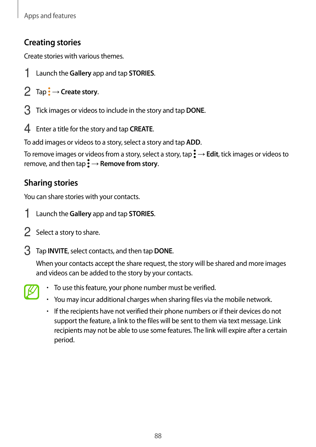 Samsung SM-A320YZDDXXV, SM-A320YZKDXXV manual Creating stories, Sharing stories, Tap →Create story 