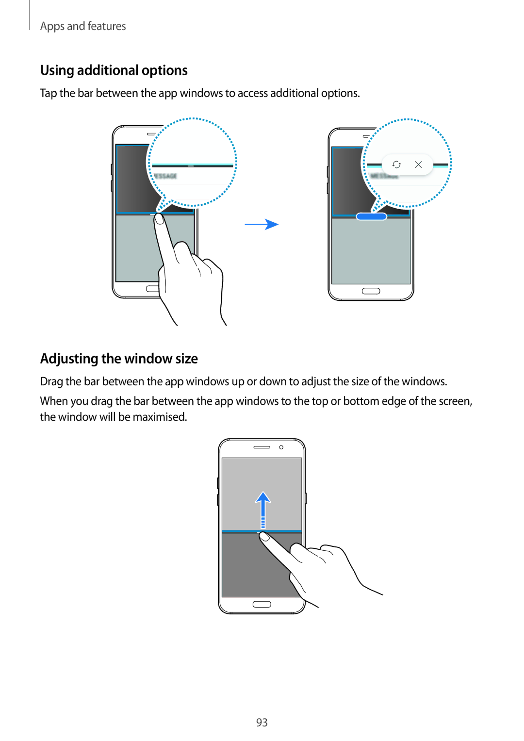 Samsung SM-A320YZKDXXV, SM-A320YZDDXXV manual Using additional options, Adjusting the window size 