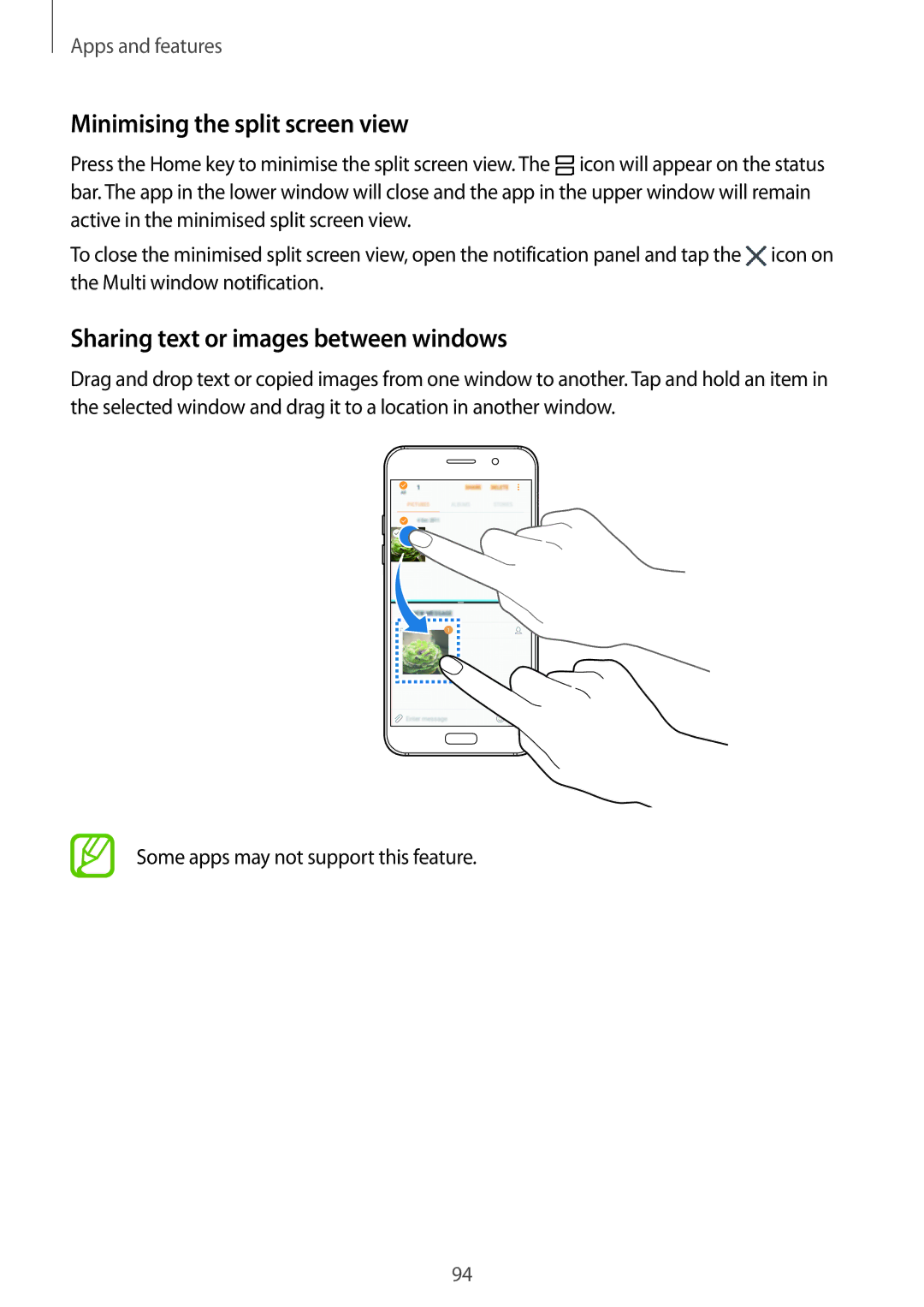 Samsung SM-A320YZDDXXV, SM-A320YZKDXXV manual Minimising the split screen view, Sharing text or images between windows 