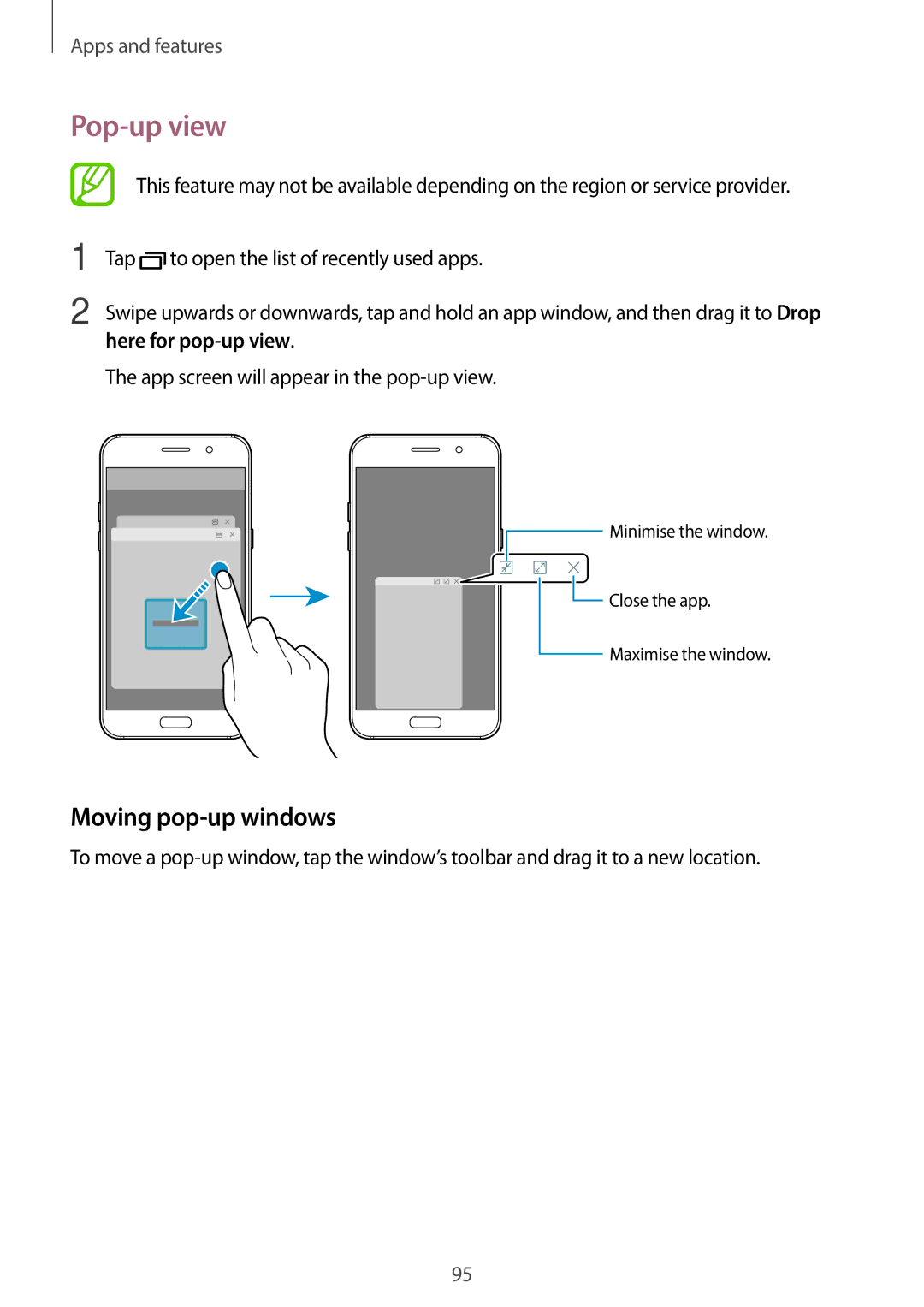 Samsung SM-A320YZKDXXV Pop-up view, Moving pop-up windows, Here for pop-up view, App screen will appear in the pop-up view 