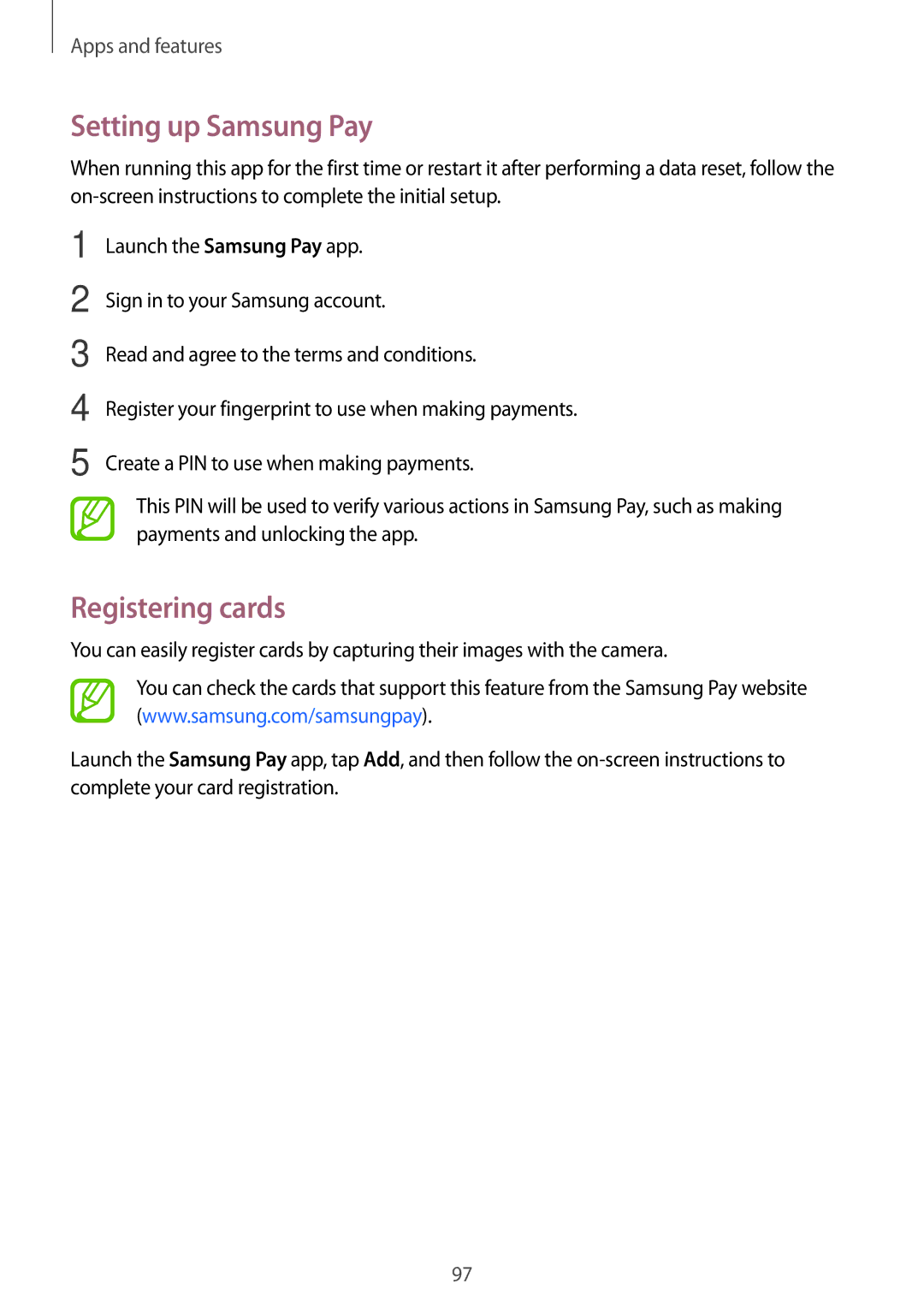 Samsung SM-A320YZKDXXV, SM-A320YZDDXXV manual Setting up Samsung Pay, Registering cards 