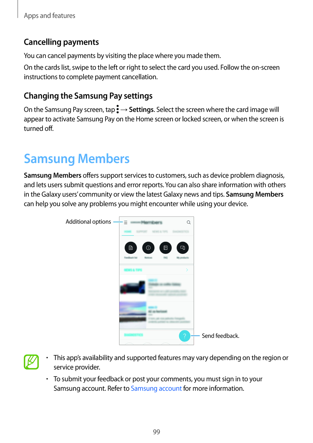 Samsung SM-A320YZKDXXV, SM-A320YZDDXXV manual Samsung Members, Cancelling payments, Changing the Samsung Pay settings 