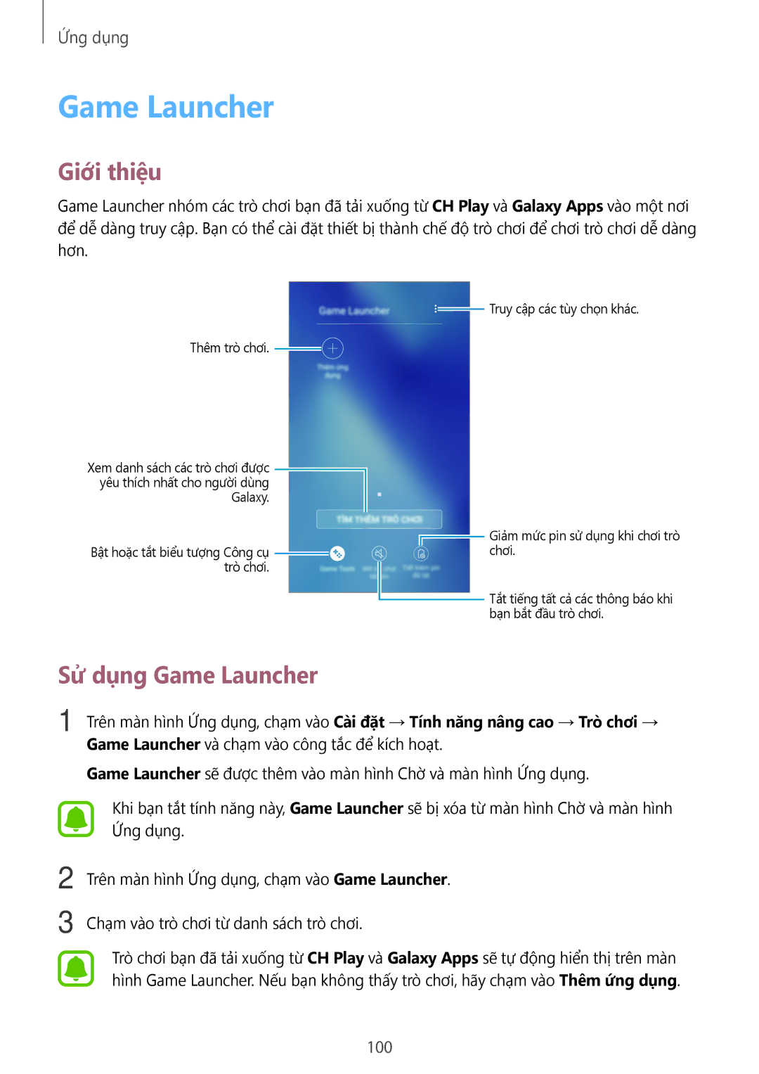 Samsung SM-A320YZDDXXV, SM-A320YZKDXXV manual Sử dụng Game Launcher, 100 