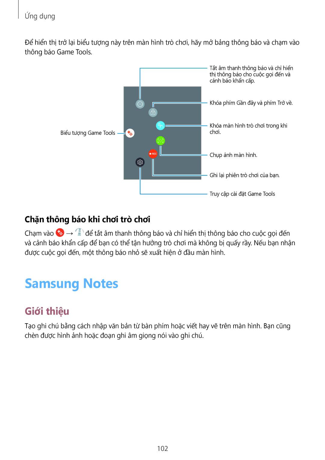 Samsung SM-A320YZDDXXV, SM-A320YZKDXXV manual Samsung Notes, Chặn thông báo khi chơi trò chơi, 102 