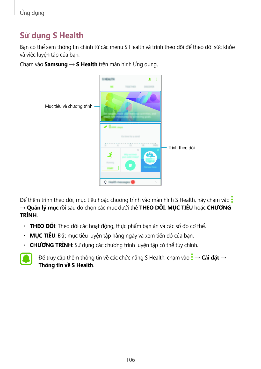 Samsung SM-A320YZDDXXV, SM-A320YZKDXXV manual Sử dụng S Health, 106 