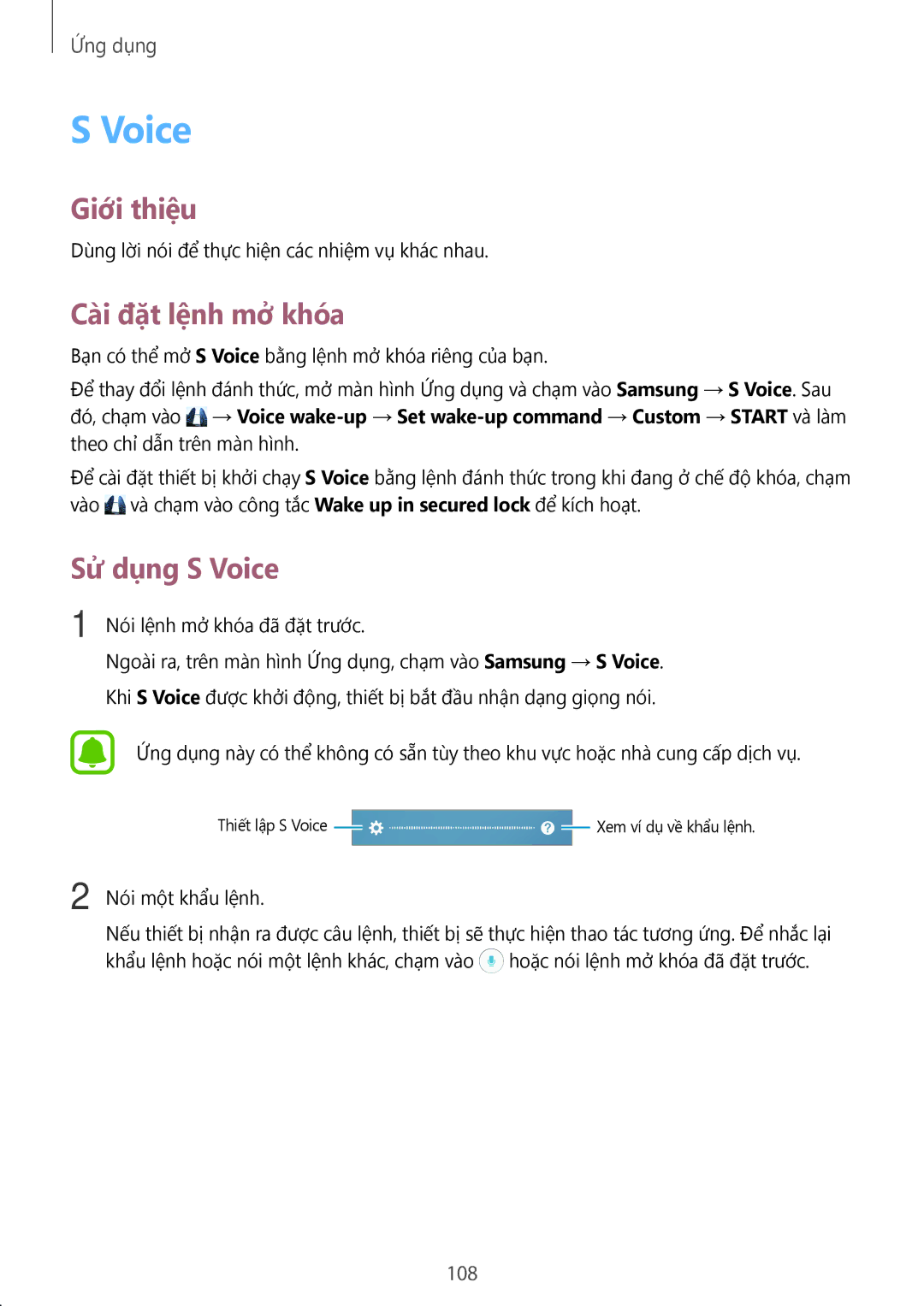 Samsung SM-A320YZDDXXV, SM-A320YZKDXXV manual Cài đặt lệnh mở khóa, Sử dụng S Voice, 108 