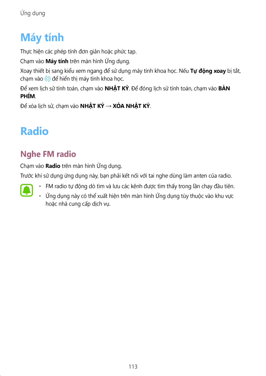 Samsung SM-A320YZKDXXV, SM-A320YZDDXXV manual Máy tính, Radio, Nghe FM radio, 113 