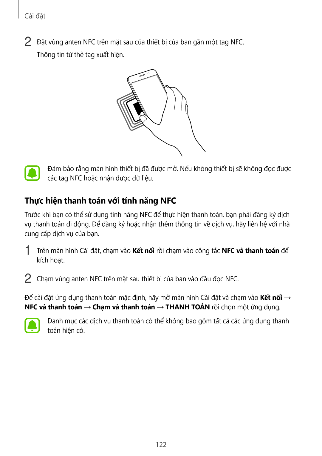Samsung SM-A320YZDDXXV, SM-A320YZKDXXV manual Thực hiện thanh toán với tính năng NFC, 122 