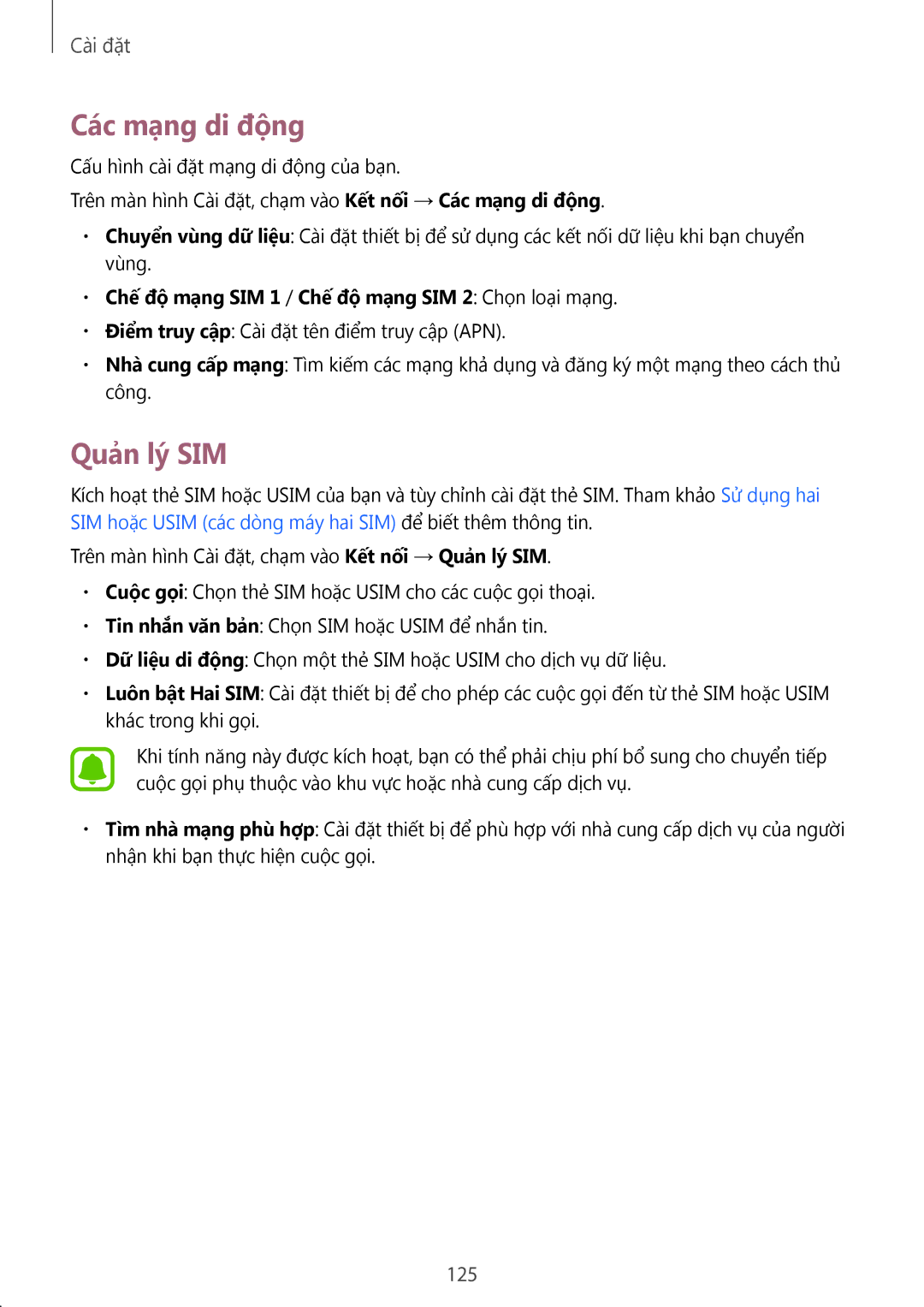 Samsung SM-A320YZKDXXV manual Các mạng di động, Quản lý SIM, 125, Chê đô mang SIM 1 / Chê đô mang SIM 2 Chọn loại mạng 