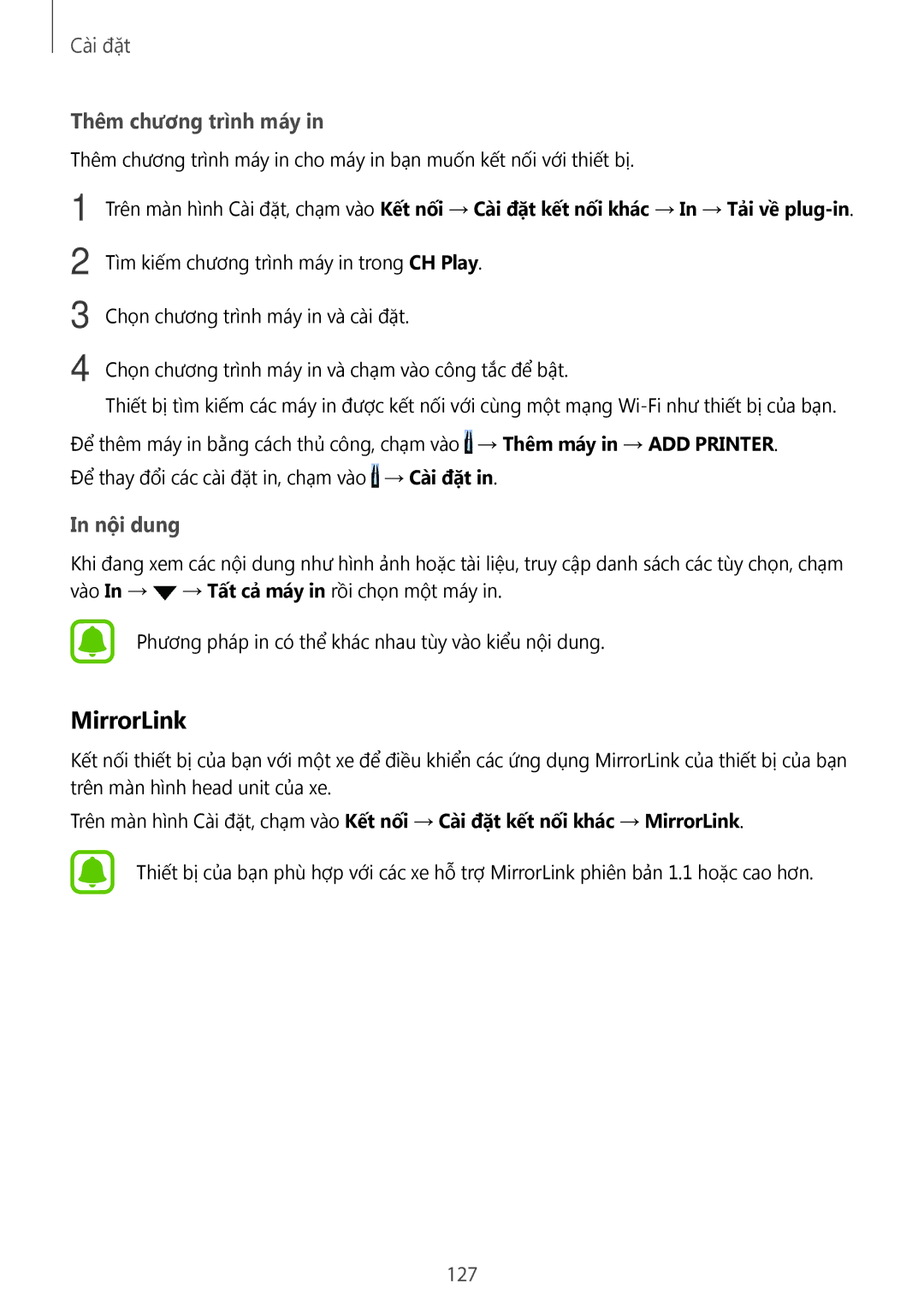 Samsung SM-A320YZKDXXV, SM-A320YZDDXXV manual MirrorLink, 127 