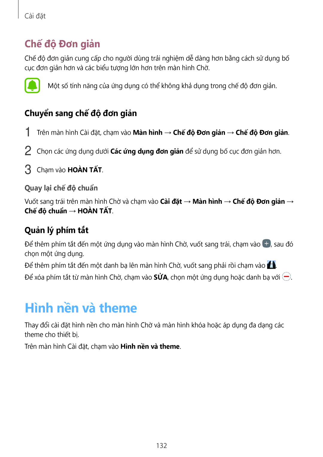 Samsung SM-A320YZDDXXV manual Hình nền và theme, Chế độ Đơn giản, Chuyển sang chế độ đơn giản, Quản lý phím tắt, 132 