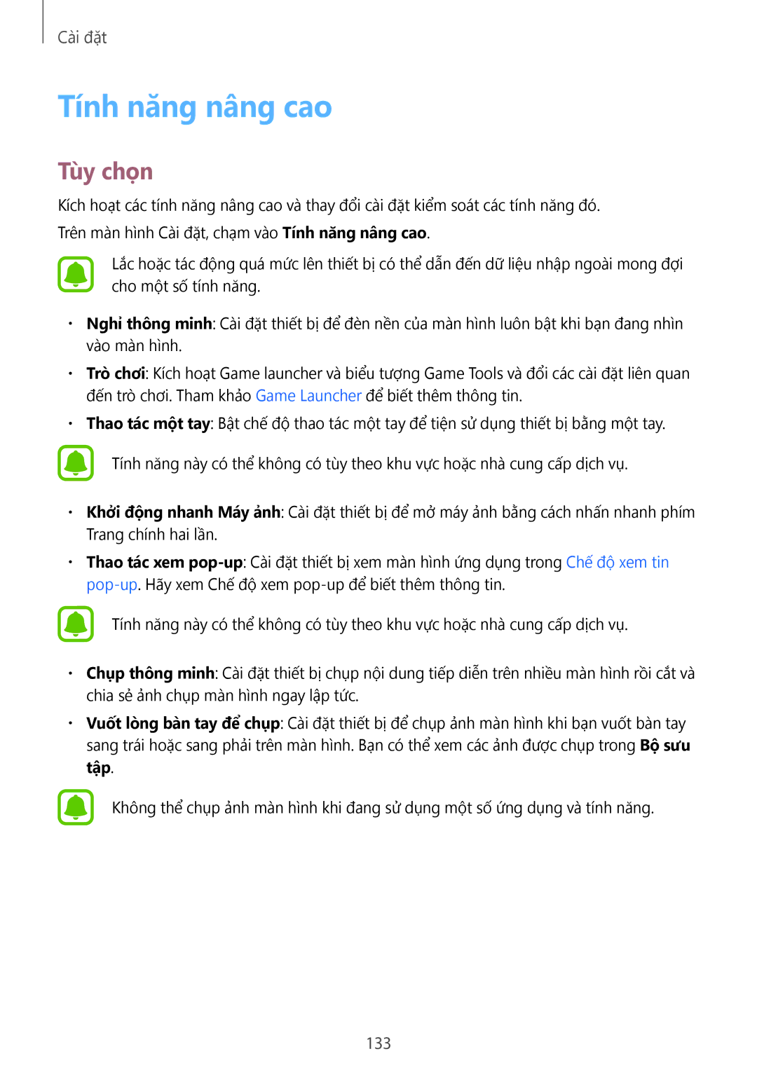Samsung SM-A320YZKDXXV, SM-A320YZDDXXV manual Tính năng nâng cao, 133 