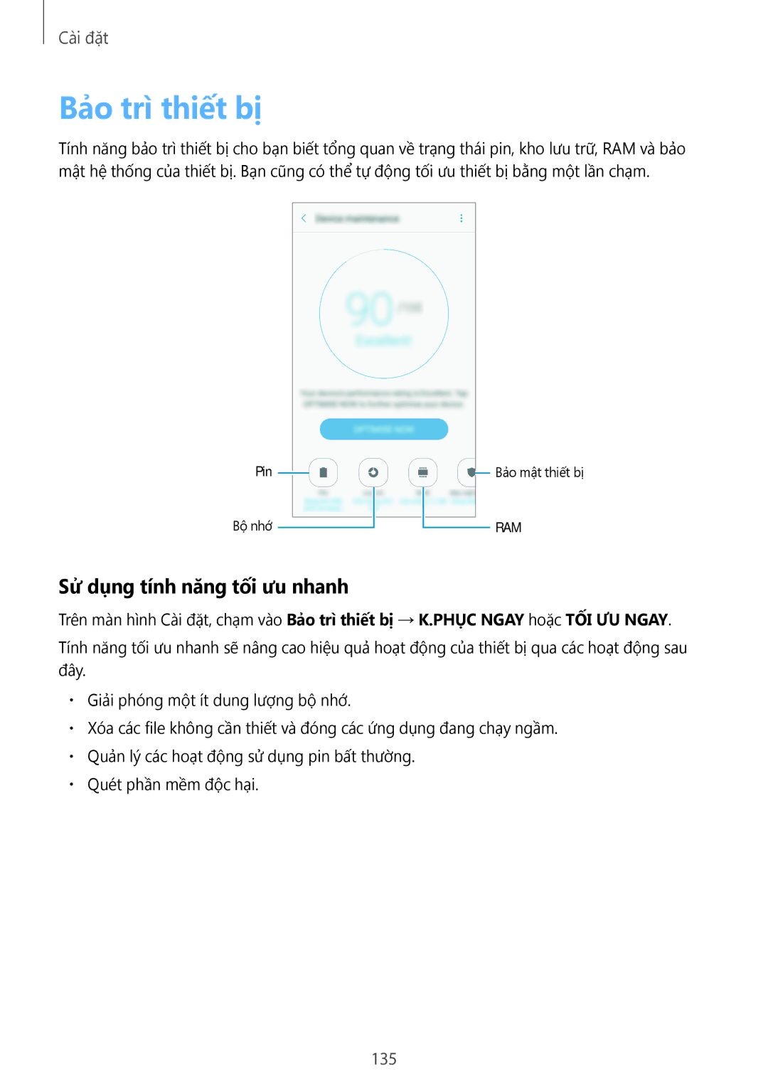 Samsung SM-A320YZKDXXV, SM-A320YZDDXXV manual Bảo trì thiết bị, Sử dụng tính năng tối ưu nhanh, 135 
