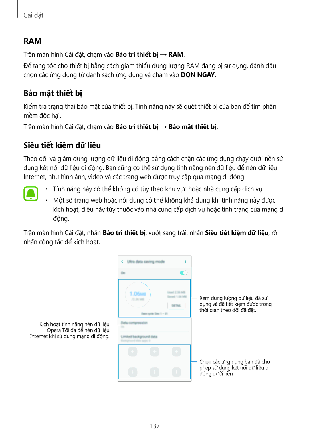 Samsung SM-A320YZKDXXV, SM-A320YZDDXXV manual Bảo mật thiết bị, Siêu tiết kiệm dữ liệu, 137 