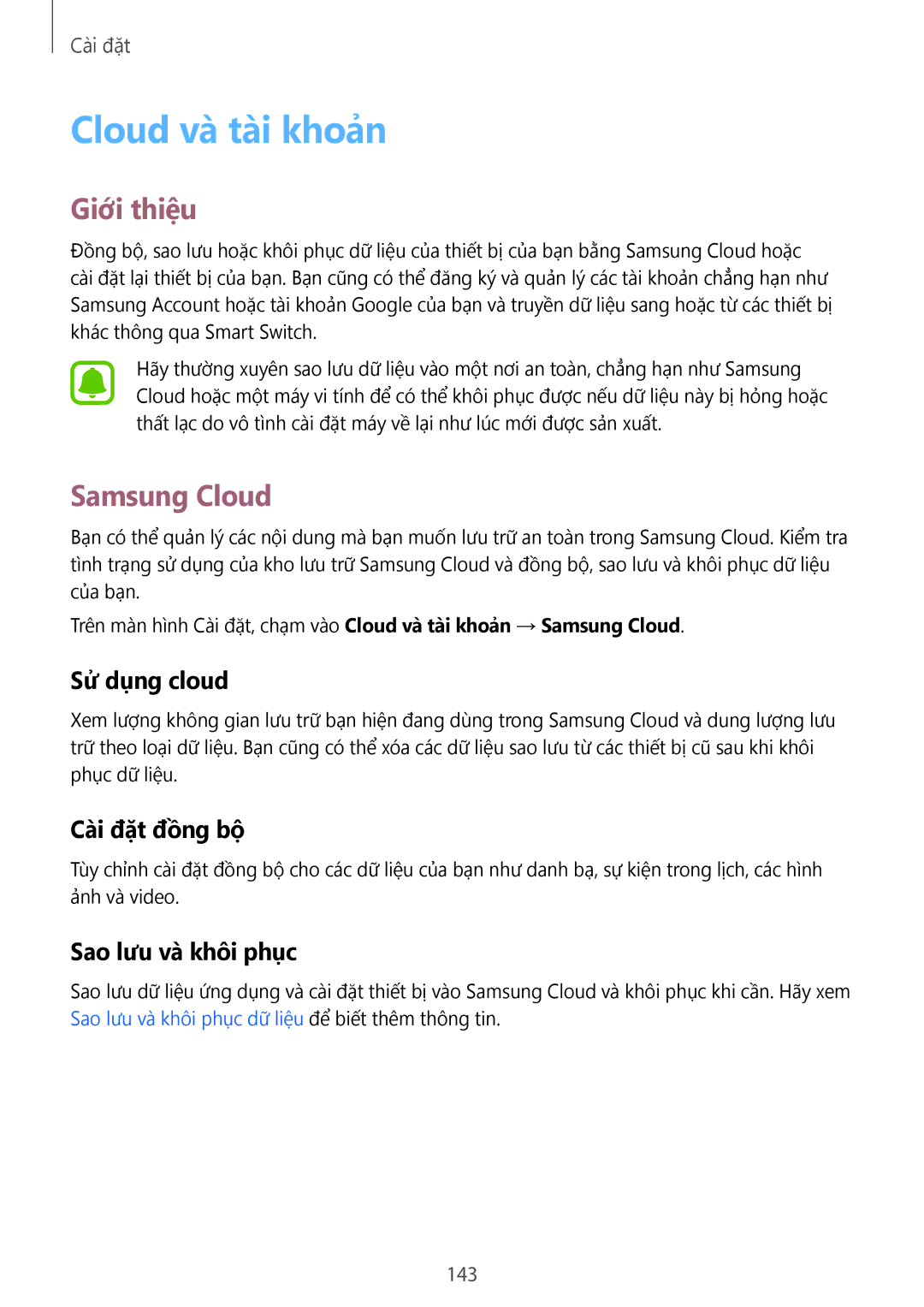 Samsung SM-A320YZKDXXV manual Cloud và tài khoản, Samsung Cloud, Sử dụng cloud, Cai đăt đồng bộ, Sao lưu và khôi phục 