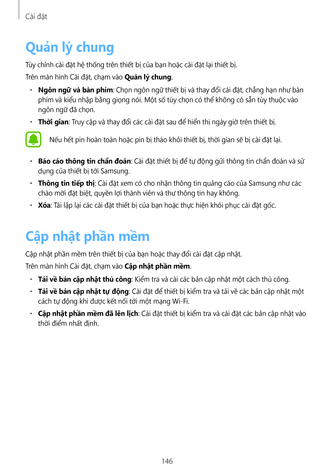 Samsung SM-A320YZDDXXV, SM-A320YZKDXXV manual Quản lý chung, Cập nhật phần mềm, 146 