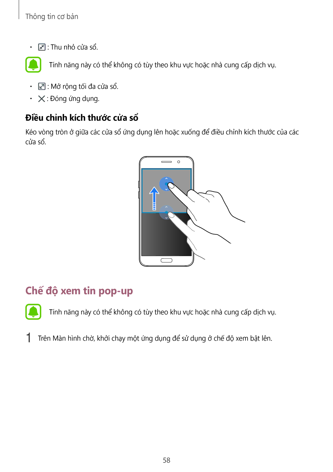 Samsung SM-A320YZDDXXV, SM-A320YZKDXXV manual Chế độ xem tin pop-up, Điều chỉnh kích thước cửa sổ 