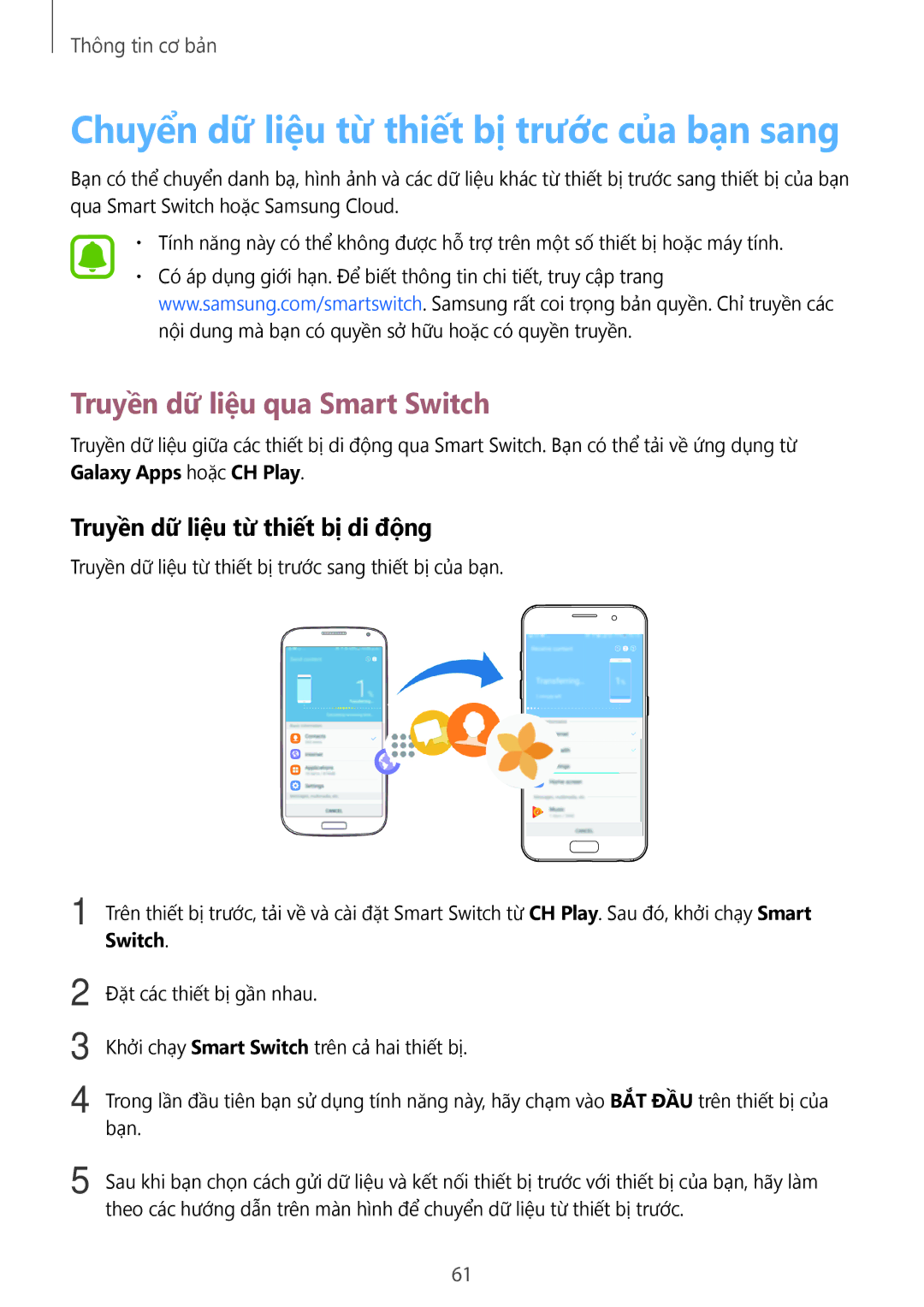 Samsung SM-A320YZKDXXV, SM-A320YZDDXXV manual Chuyển dữ liệu từ thiết bị trước của bạn sang, Truyền dữ liệu qua Smart Switch 