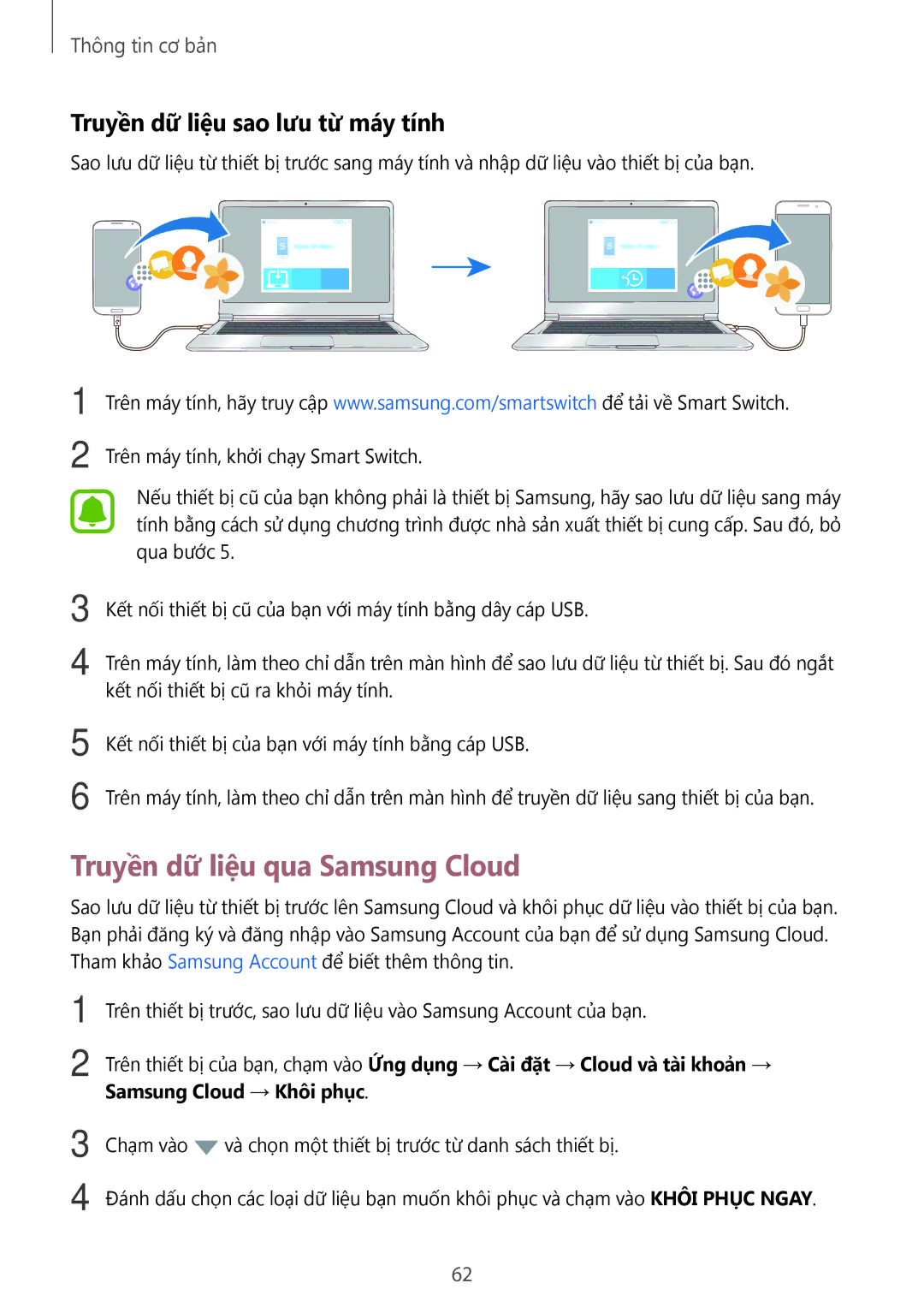 Samsung SM-A320YZDDXXV, SM-A320YZKDXXV manual Truyền dữ liệu qua Samsung Cloud, Truyền dữ liệu sao lưu từ máy tính 