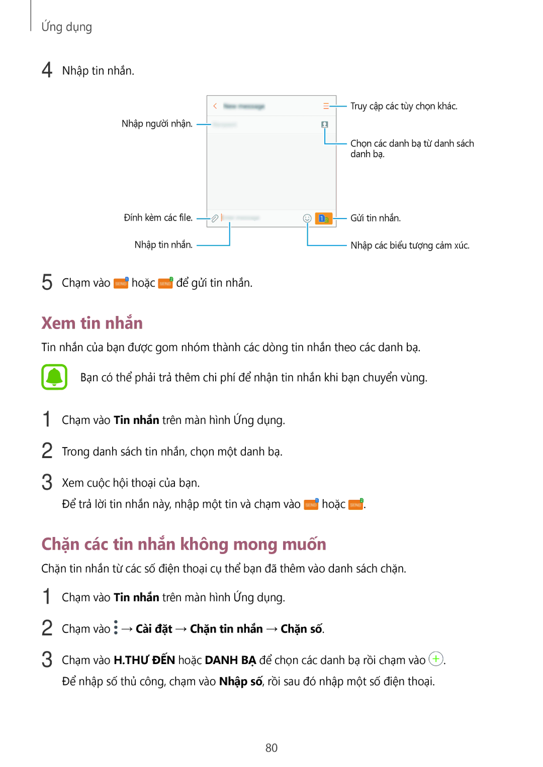 Samsung SM-A320YZDDXXV manual Xem tin nhắn, Chặn các tin nhắn không mong muốn, Chạm vào → Cài đặt → Chặn tin nhắn → Chặn số 