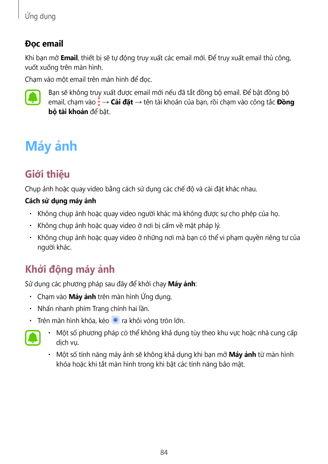 Samsung SM-A320YZDDXXV, SM-A320YZKDXXV manual Máy ảnh, Khởi động máy ảnh, Đọc email, Cách sử dụng máy ảnh 