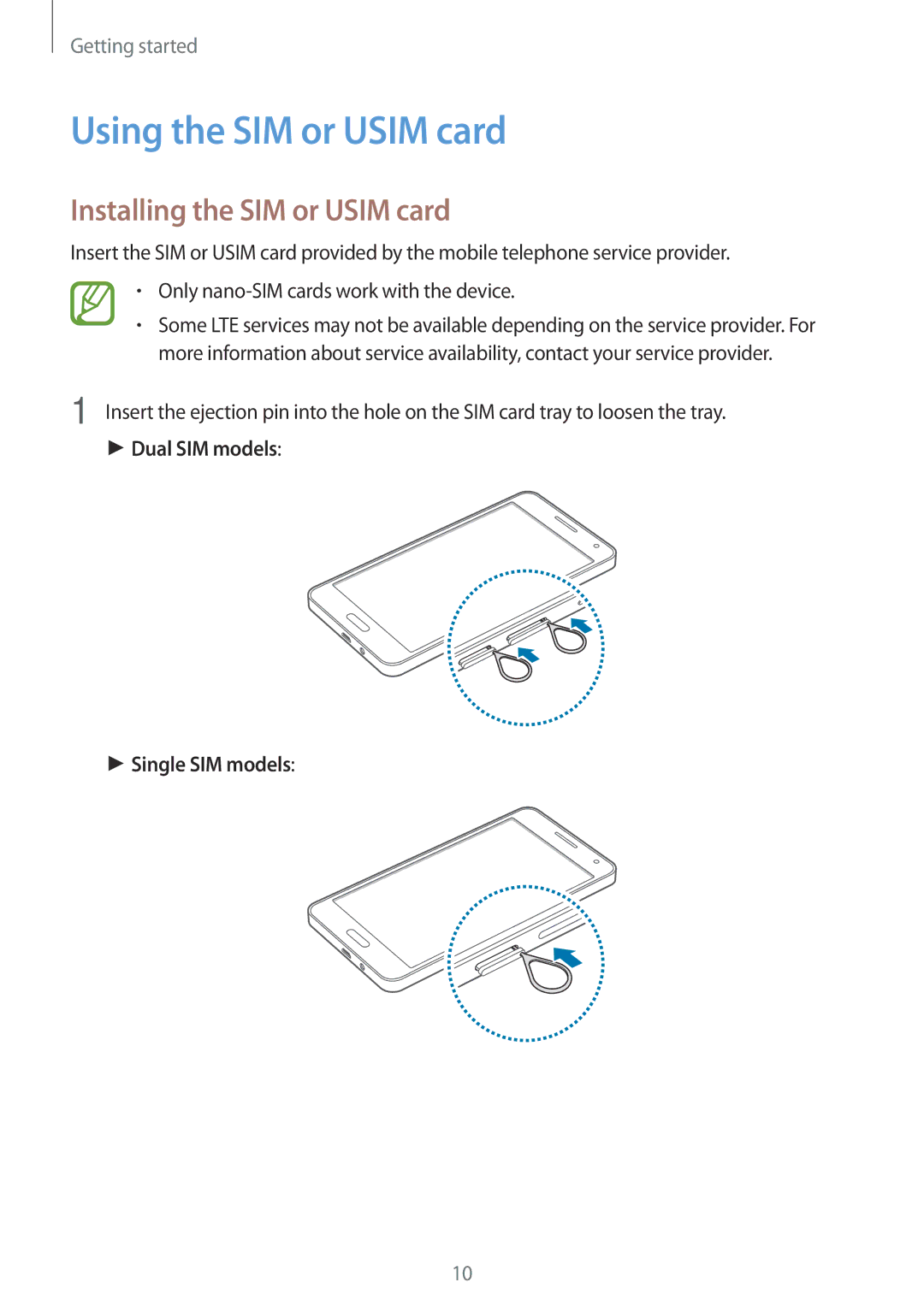 Samsung SM-A500FZWDPAK Using the SIM or Usim card, Installing the SIM or Usim card, Dual SIM models Single SIM models 