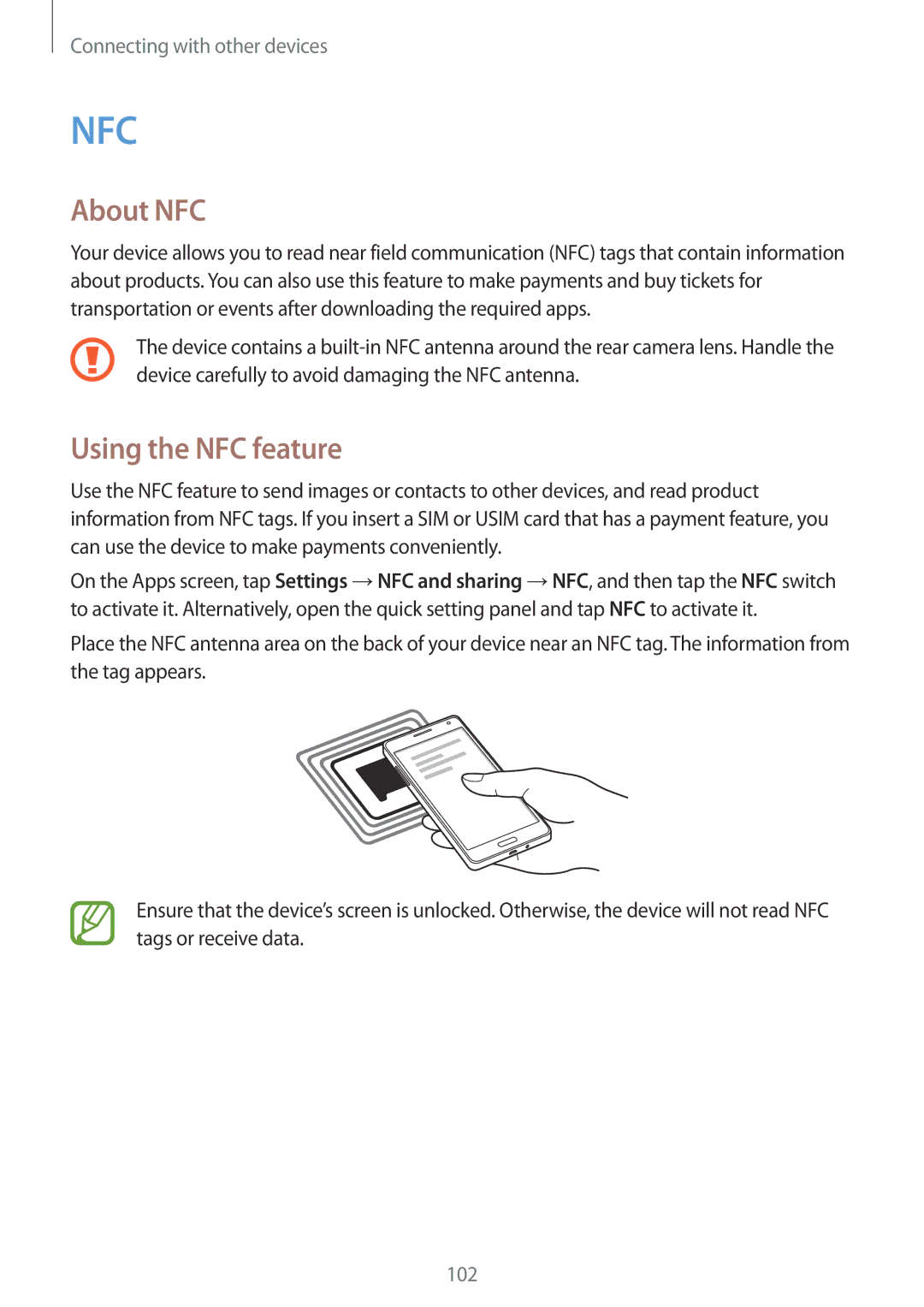 Samsung SM-A500FZKDPAK, SM-A500FZBDXSG, SM-A500FZIDXSG, SM-A500FZWDAFG, SM-A500FZWDKSA manual About NFC, Using the NFC feature 