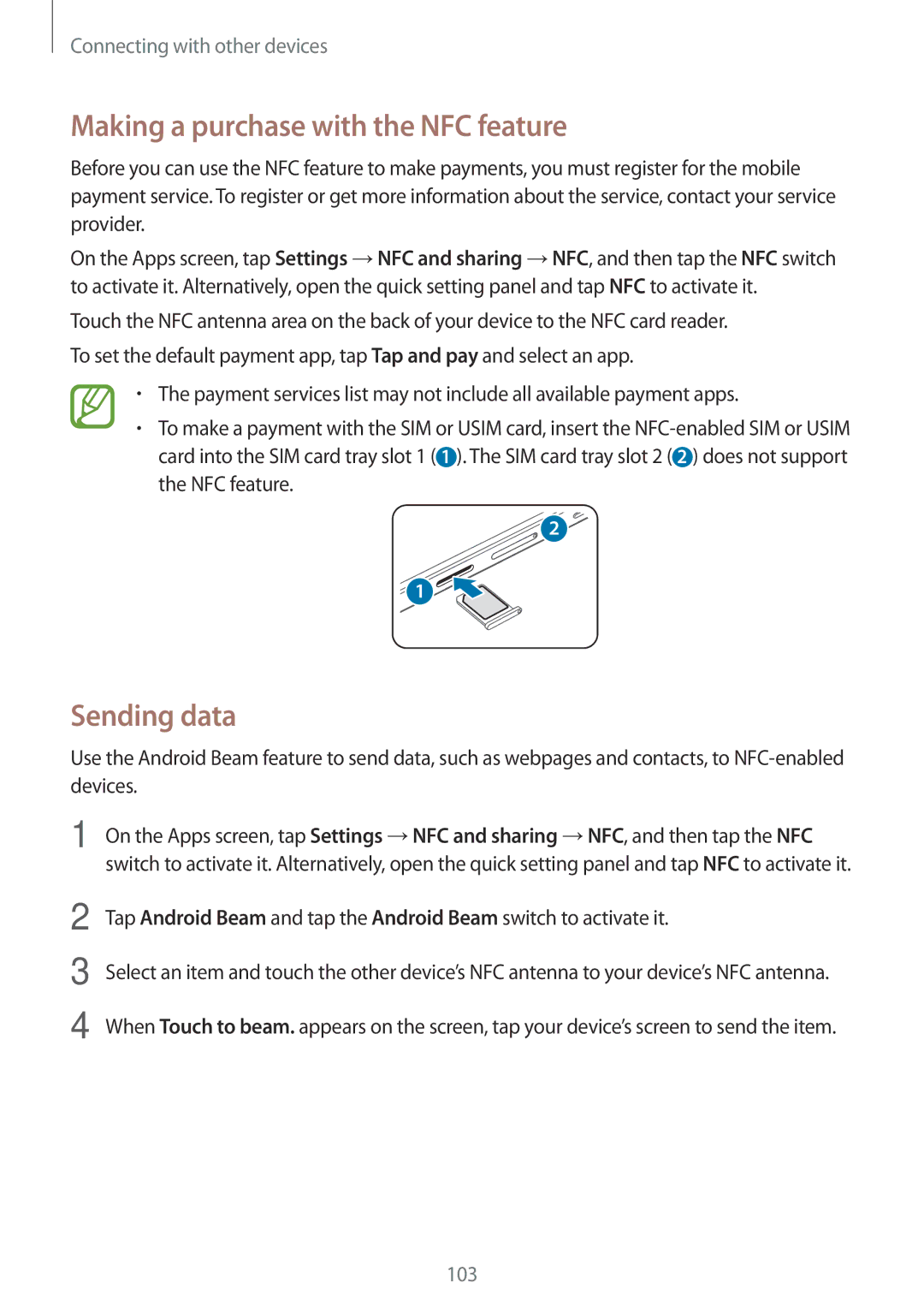 Samsung SM-A500FZWDPAK, SM-A500FZBDXSG, SM-A500FZIDXSG, SM-A500FZWDAFG Making a purchase with the NFC feature, Sending data 