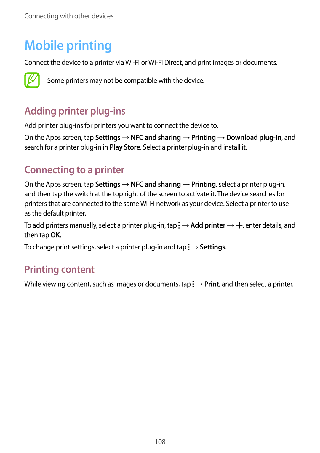 Samsung SM-A500FZWAPCL, SM-A500FZBDXSG Mobile printing, Adding printer plug-ins, Connecting to a printer, Printing content 