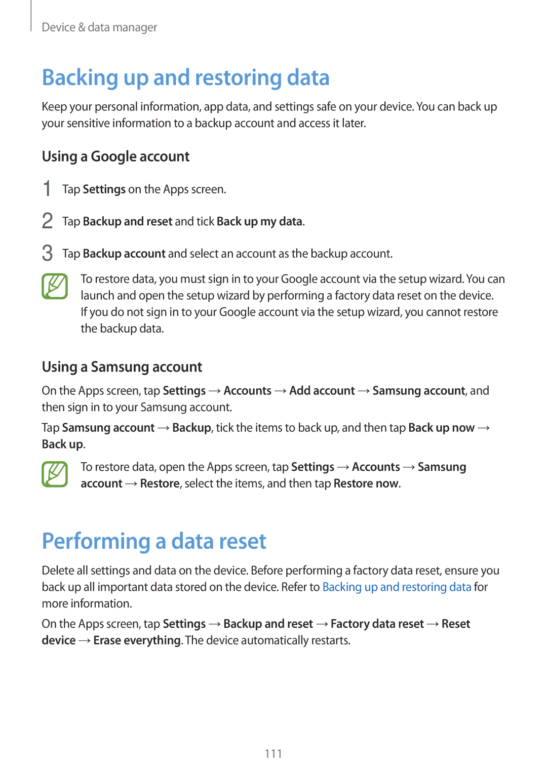 Samsung SM-A500FZWAPTR, SM-A500FZBDXSG manual Backing up and restoring data, Performing a data reset, Using a Google account 