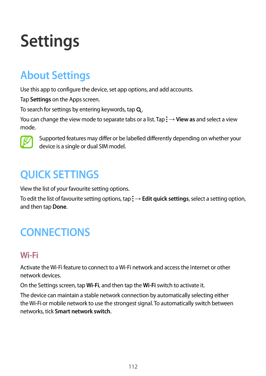 Samsung SM-A500FZKDILO, SM-A500FZBDXSG, SM-A500FZIDXSG, SM-A500FZWDAFG, SM-A500FZWDKSA manual About Settings, Wi-Fi 