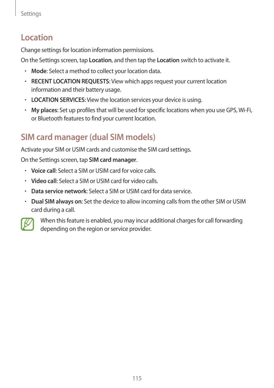 Samsung SM-A500FZDAPTR, SM-A500FZBDXSG, SM-A500FZIDXSG, SM-A500FZWDAFG manual Location, SIM card manager dual SIM models 