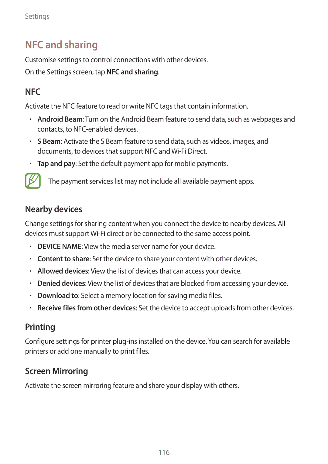 Samsung SM-A500FZSAILO, SM-A500FZBDXSG, SM-A500FZIDXSG manual NFC and sharing, Nearby devices, Printing, Screen Mirroring 