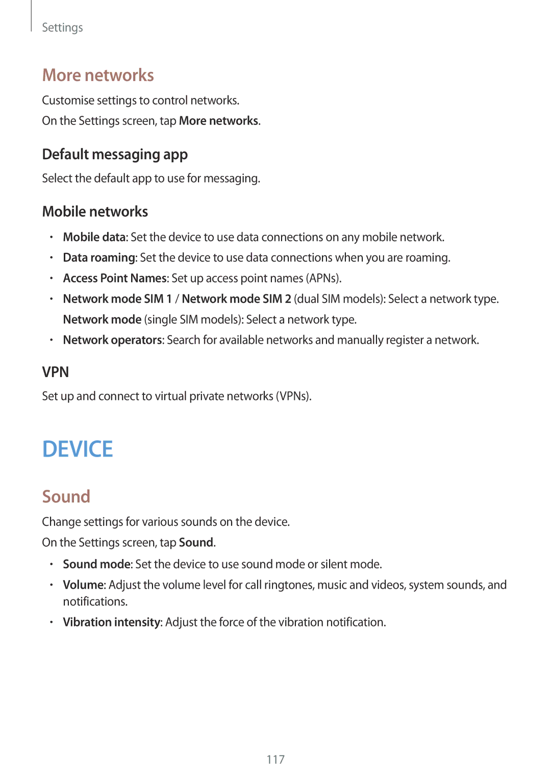 Samsung SM-A500FZKAPCL, SM-A500FZBDXSG, SM-A500FZIDXSG manual More networks, Sound, Default messaging app, Mobile networks 