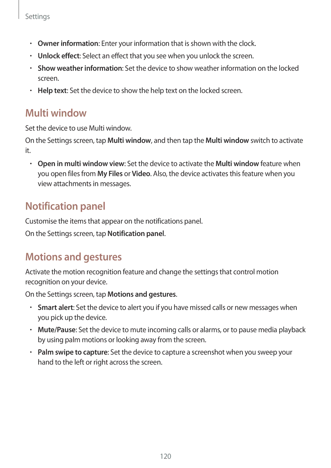 Samsung SM-A500FZWAILO, SM-A500FZBDXSG, SM-A500FZIDXSG manual Multi window, Notification panel, Motions and gestures 