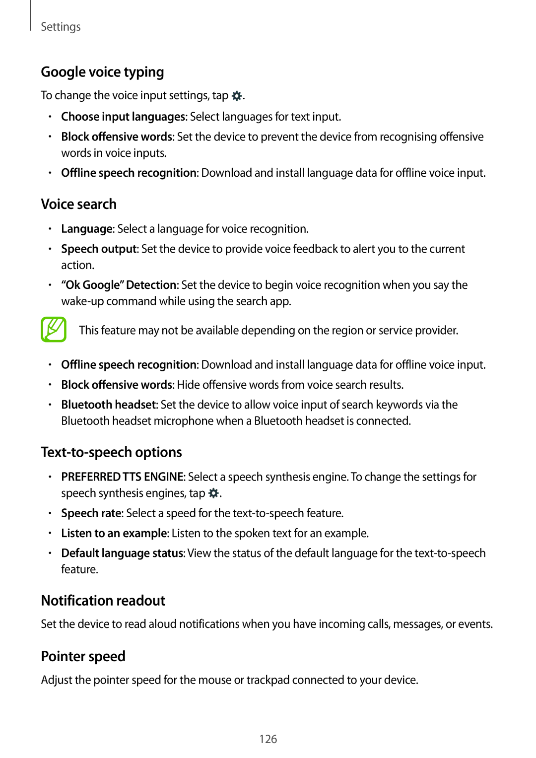 Samsung SM-A500FZWDAFG, SM-A500FZBDXSG Google voice typing, Text-to-speech options, Notification readout, Pointer speed 