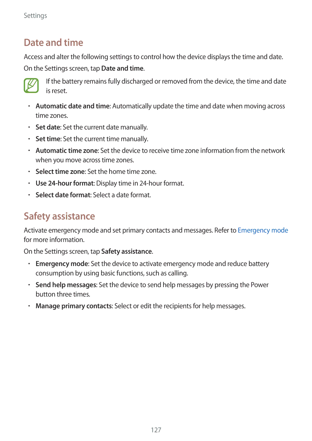 Samsung SM-A500FZWDKSA, SM-A500FZBDXSG, SM-A500FZIDXSG, SM-A500FZWDAFG, SM-A500FZWDXSG manual Date and time, Safety assistance 