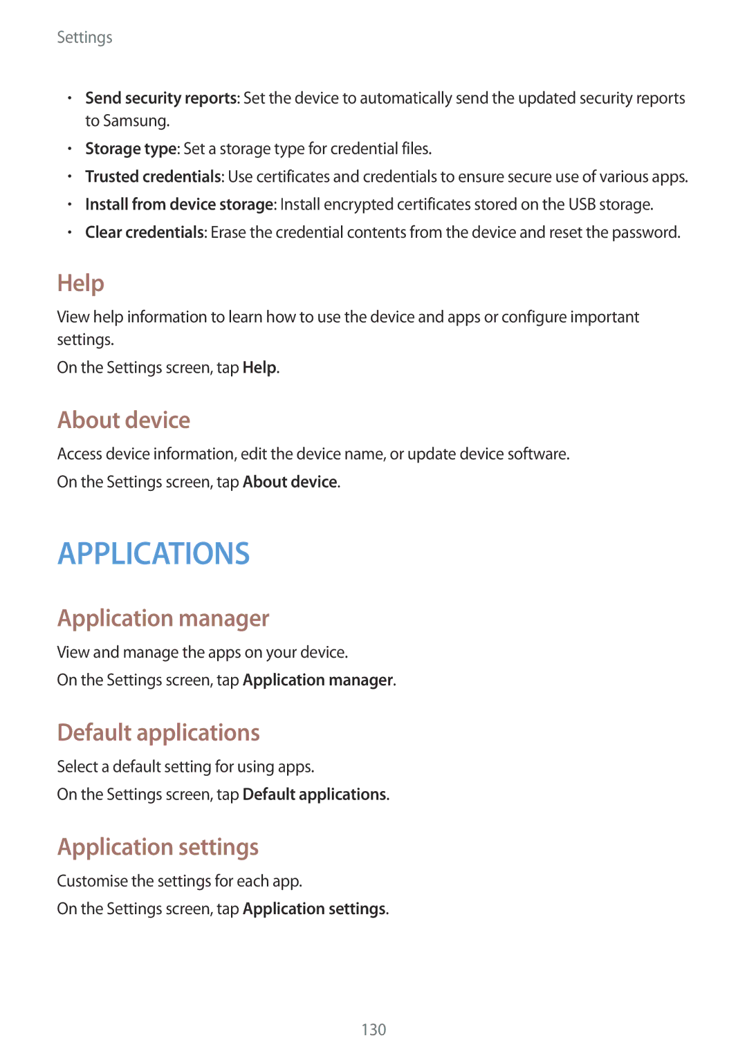 Samsung SM-A500FZKDXSG, SM-A500FZBDXSG Help, About device, Application manager, Default applications, Application settings 