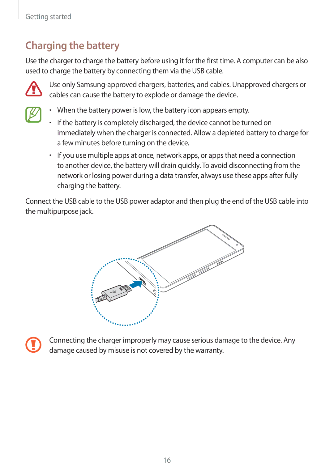 Samsung SM-A500FZWDILO, SM-A500FZBDXSG, SM-A500FZIDXSG, SM-A500FZWDAFG, SM-A500FZWDKSA, SM-A500FZWDXSG Charging the battery 