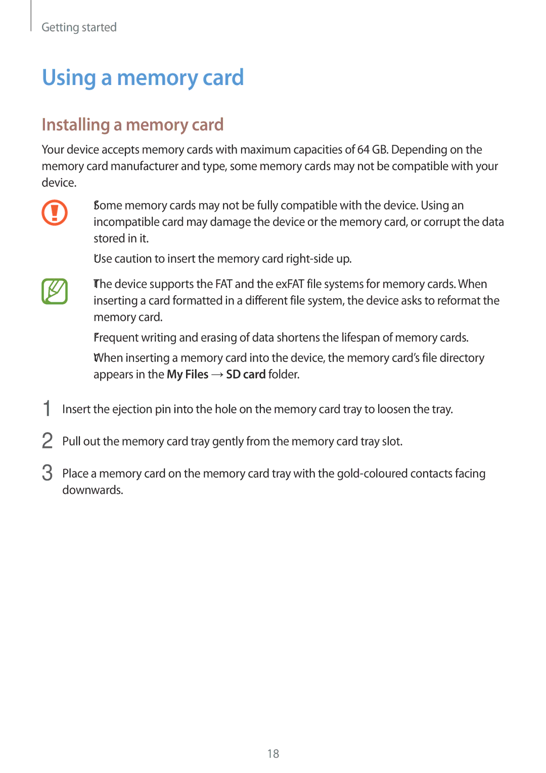 Samsung SM-A500FZWAPTR, SM-A500FZBDXSG, SM-A500FZIDXSG, SM-A500FZWDAFG manual Using a memory card, Installing a memory card 